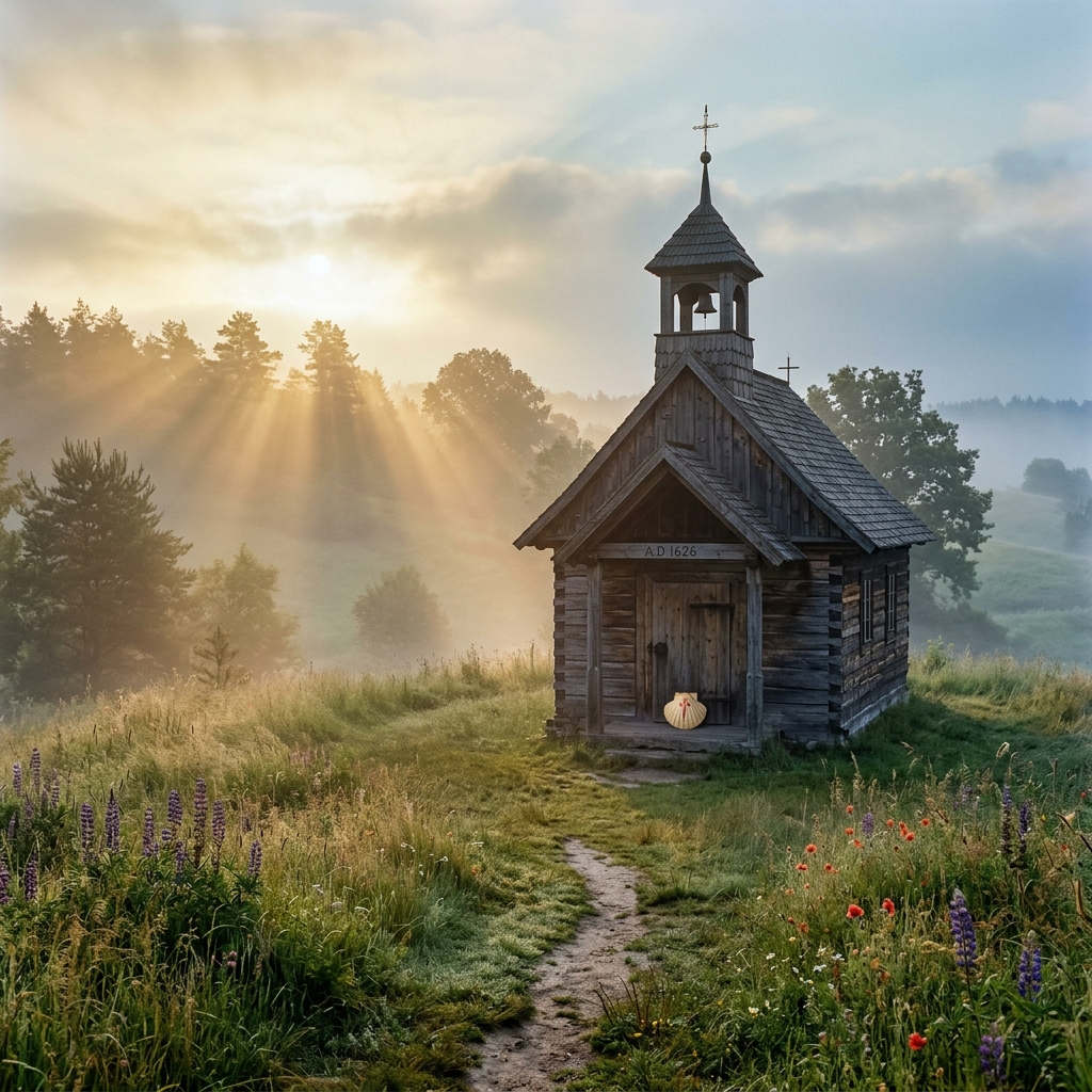 Drewniana kaplica w Biskupicach o świcie